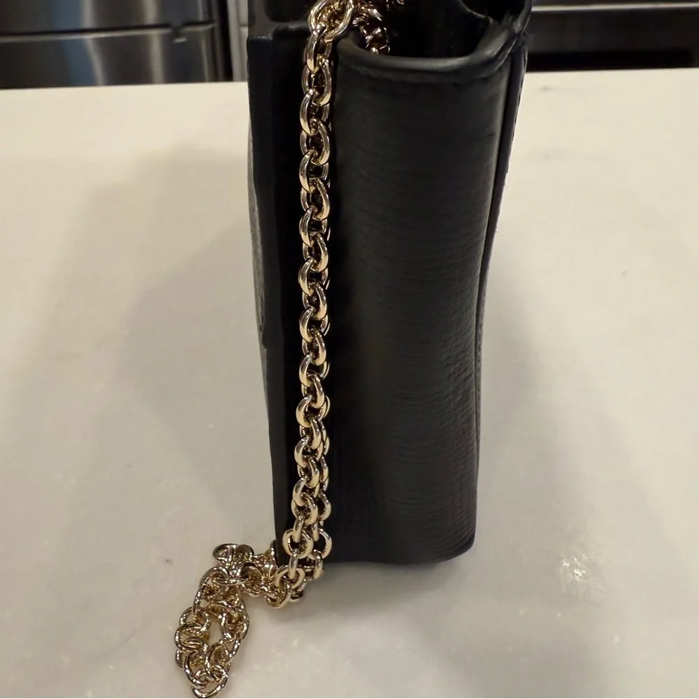 Henri Bendel Tilda Crossbody / Clutch Bag Black Pebble Leather Gold Chain Strap